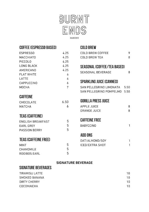 Burnt Ends Bakery drinks menu board with prices